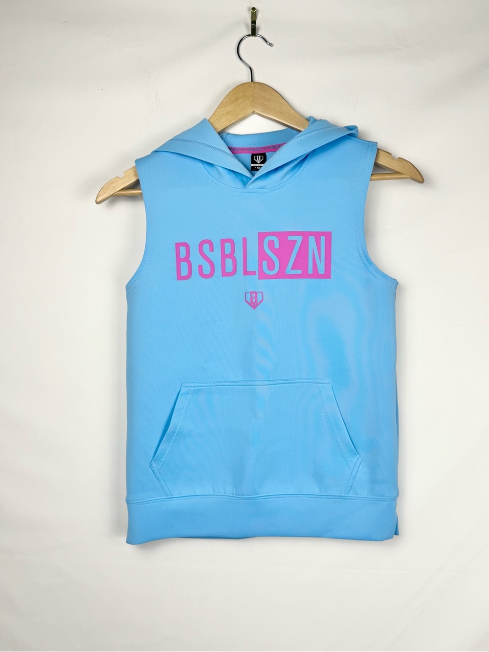 Baseball Lifestyle 101 BSBLSZN Youth Med Blue Sleeveless Hoodie with Pink Logo